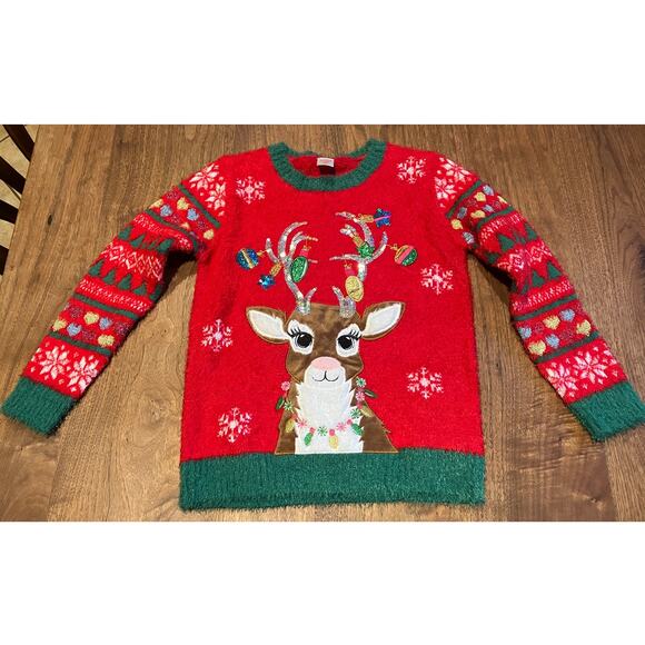 Girls Christmas Sweater L 10-12 Plus Red Reindeer Lights Ugly Xmas Holiday Time - Picture 1 of 7